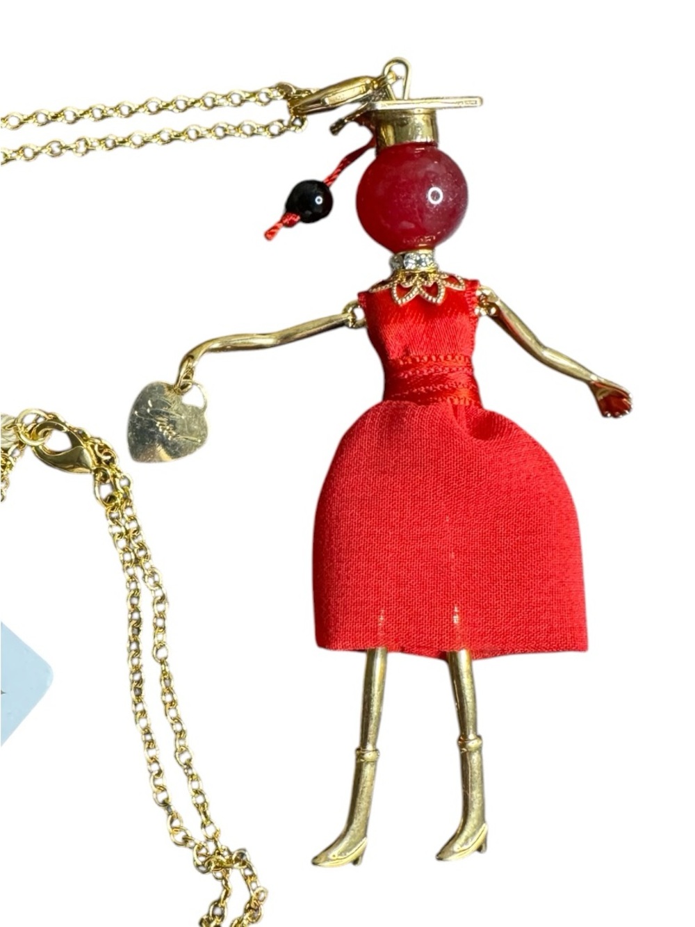 Gisel Red Graduation Doll Pendant Necklace with Gold Chain Italy 30” New